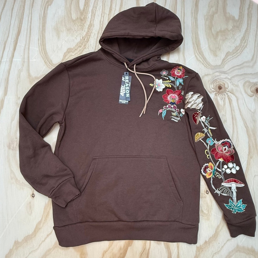 Reason Brand Mens Large Brown Embroidered Floral Mushroom Hoodie F3-11 NWT